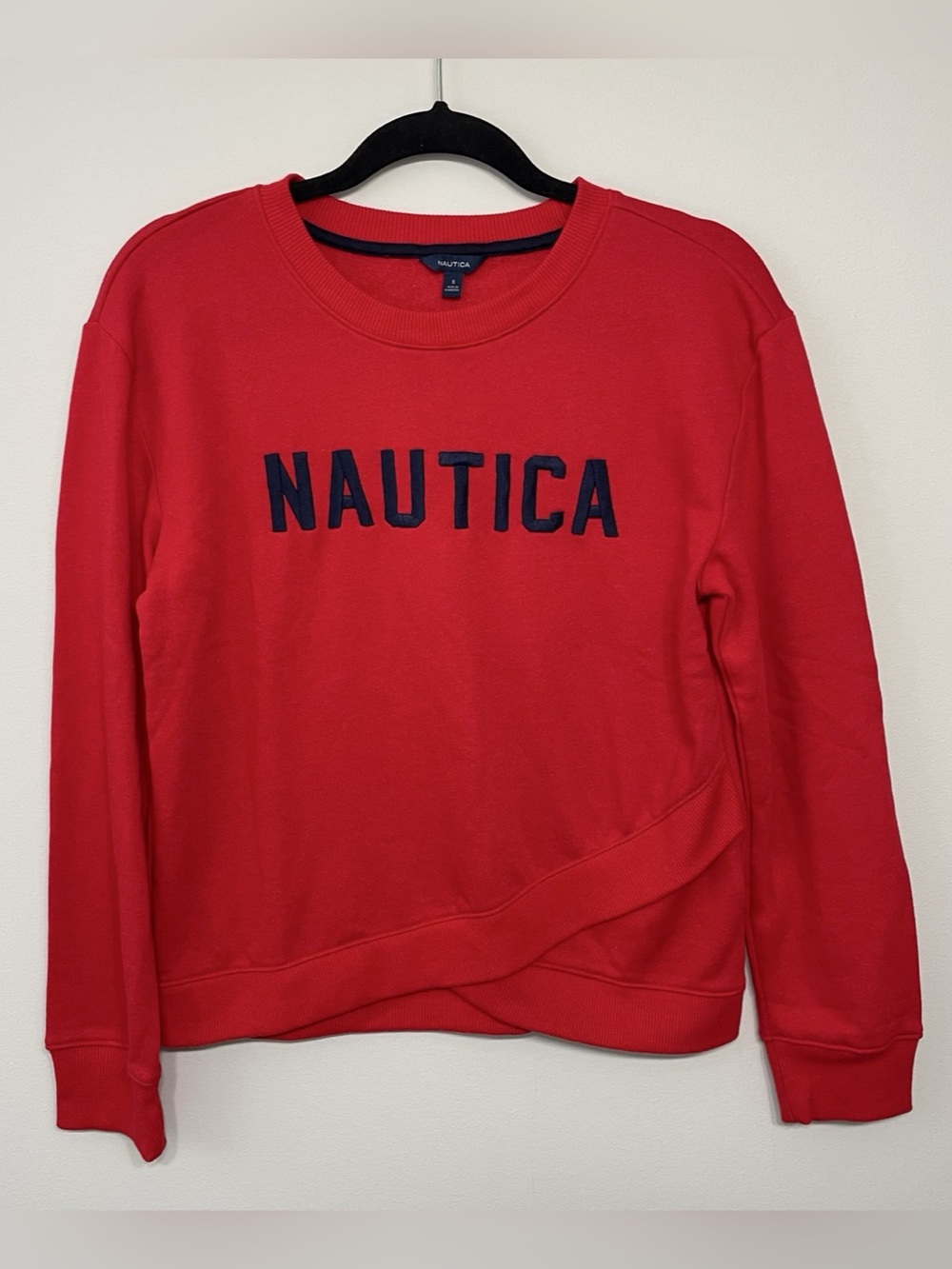 Nautica Red Crewneck Crossover Hem Sweatshirt Logo Size Small